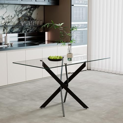 AOYA Esstisch aus Glas, rechteckiger Esstisch für das Wohnzimmer, Schreibtisch, Bürotisch, mit einem modernen und minimalistischen Stil, geeignet für die Küche, das Arbeitszimmer, das Büro, Schwarz
