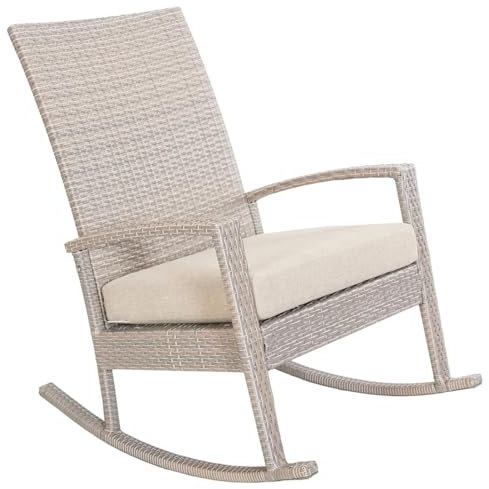 Ogarden Rocking Chair, Garten schaukelstuhl wetterfest, Poly Rattan Outdoor Schaukelstuhl, Schaukelsessel mit Kissen, für Garten, Terrasse, Balkon, Gartenstuhl (Creme - Khaki Kissen)
