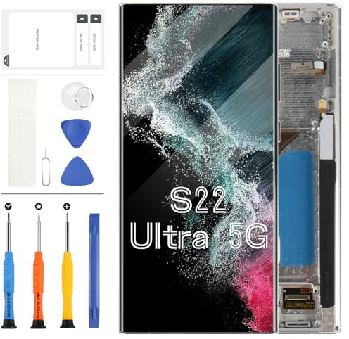 OLED LCD Display pour 6.8 Samsung Galaxy S22 Ultra 5G S908 S908B SM-S908B SM-S908B/DS Écran LCD Écran Tactile Assemblée Remplacement Verre Digitizer avec Instrument(Blanc avec Cadre)