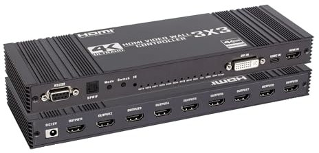 4K 3x3 HDMI/DVI/USB-C Video-Wand-Controller, 9-K, TV-Wandprozessor, unterstützt 1HDMI/DVI/Typ-C, USB-Eingang, 4HDMI-Ausgang, 180° drehbar, SPDIF-Audio, RS232-Fernbedienung, 13 Spleißmodi, 4 × 2, 3