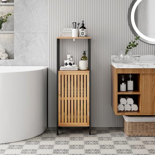 Sanless Meuble de WC/Colonne Rangement Salle de Bain Noir et Bois – Structure MDF + Placage Bambou Véritable – Finition Bois Naturel – Idéal pour Toilettes, WC Suspendu, Gain de Place & Déco Zen