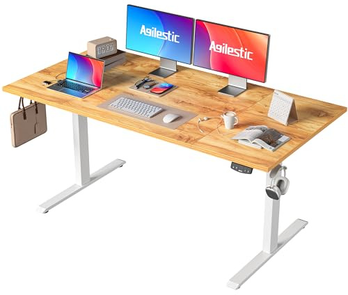 Agilestic Höhenverstellbarer Schreibtisch 160 x 80 cm | Schreibtisch elektrisch mit 2 Speicherplätzen, Stehschreibtisch mit vierteiliger Tischplatte, Computertisch, Hellbraun