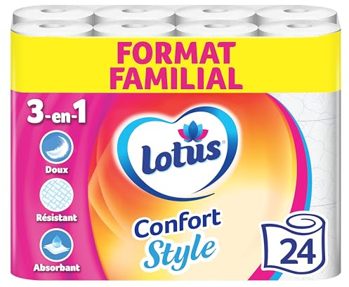 LOTUS Papier Toilette Confort Style - 24 Rouleaux - Format Familial | Douceur & résistance - Fibres vierges - Aqua Tube jetable - Emballage majoritairement recyclable