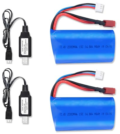 2 batterie agli ioni di litio con connettore T-plug, 7,4 V, 2000 mAh, 15C, 2S, con batterie ricaricabili ad alta capacità per auto RC, camion RC, barche RC e veicoli radiocomandati con 2