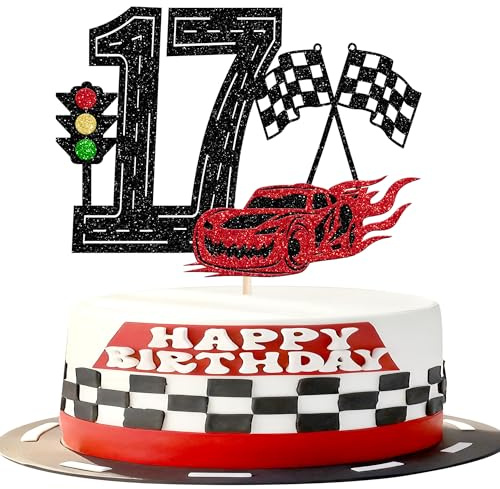 SYKYCTCY 1 Pack Racing Car 17th Birthday Cake Topper Glitter Traffic Light Race Car Checkered Flag Cake Pick for Racing Theme Baby Shower Boys Girls 17th Birthday Party Caek Decoration Supplies