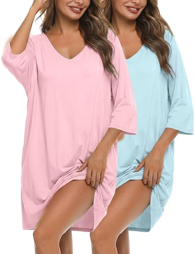 Bresdk 2er Chemise de Nuit Femme Coton à Manches 3/4 Vêtements de Nuit Col en V Robe de Nuit Doux Grande Taille Oversize avec Poches S-3XL