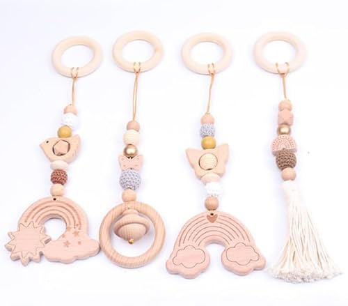 Duronge 4 Stück Spielbogen Baby Holz, Baby Spielzeug ab 0 Monate, Spielebogen Babies Toys, Anhänger für Babyschale, Kinderwagen, Autositz, Babyspielzeug für Mädchen und Jungen (Holz)