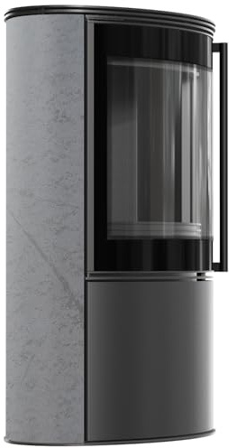 BJORN Ø 150 7 kW freistehender Stahlofen, dekorative GRAY SATIN-Speicherkeramik, Stahlabdeckung; schwarzes Thermotec; mit Verschlussmechanismus