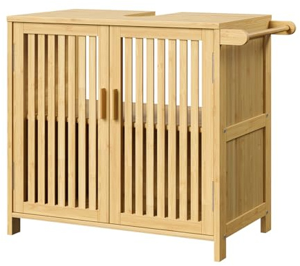 HOOBRO Bambus-Waschbeckenunterschrank mit 2 Türen, 2 Fächern und Handtuchhalter, Unterschrank, Badezimmerschrank, Badschrank, 60 x 30 x 60 cm, für Waschbecken ohne Säule, Natur EYL06BV01