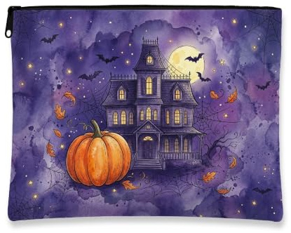 Haunted House Tela con cerniera, fantasiosa zucca gotica pipistrelli Halloween viola tela con cerniera borsa per il trucco per viaggi, vanità, bagno, borsa portaoggetti e uso quotidiano, Viola, 7x9