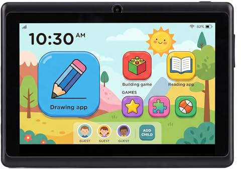 Tosuny Tablet 7 Zoll, 1 GB RAM, 16 GB Speicher, LED HD Bildschirm 1024 X 600, 10.0, 2 MP Vorne, Hinten 5 MP Kamera, 4000 MAh A kku, mit Lernspielen, Zum Lernen von S (Black)