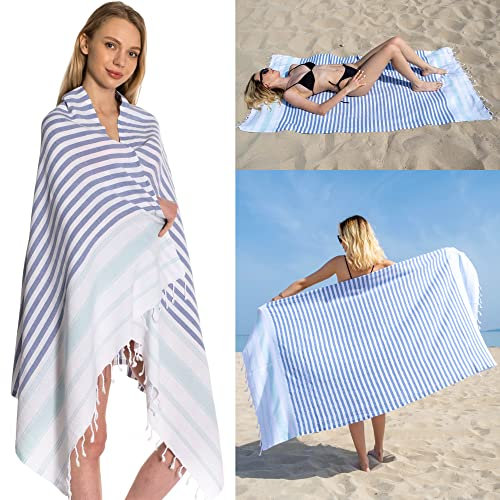 DEMMEX Toalla de Playa de 100% algodón Turco, de Gran tamaño, de Secado rápido, sin Arena, compacta, Fina, Ligera, Manta de Playa turca Hammam Peshtemal, Fabricada en Turquía, prelavada, 180 x 90 cm