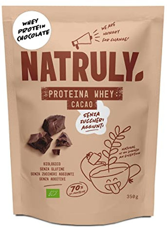 Proteína Whey Chocolate NATRULY 70% Proteína de Suero de Leche de Vacas de Pastoreo Sin Azúcar, 100% Natural, Sin Gluten –350g