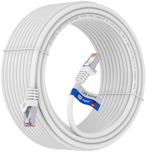 HB-DIGITAL 30m CAT 7 Cable Ethernet LAN S/FTP PiMF LSZH AWG26 Cable de Red con CAT 6A RJ45 Conectores hasta 10 Gbits/600 MHz Ideal para Patchpanel Servidor PC Laptop Smart TV DSL Blanco