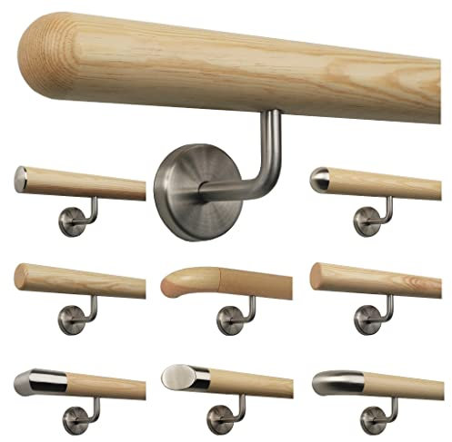 TIBU Kiefer Handlauf Treppen Geländer Handläufer 30-500 cm aus einem Stück mit Edelstahl Handlaufhalter, Länge 450 cm mit 6 Halter Halbkugel gefräst