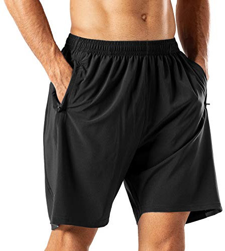 HMIYA Herren Sport Shorts Schnell Trocknend Kurze Hose mit Reißverschlusstasch (Schwarz,M)