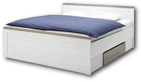 LUCA Stilvolles Doppelbett 180 x 200 cm mit 2x Bettkästen - Komfortables Landhausstil Schlafzimmer-Bett in Pinie Weiß / Trüffel - 186 x 91 x 205 cm (B/H/T)