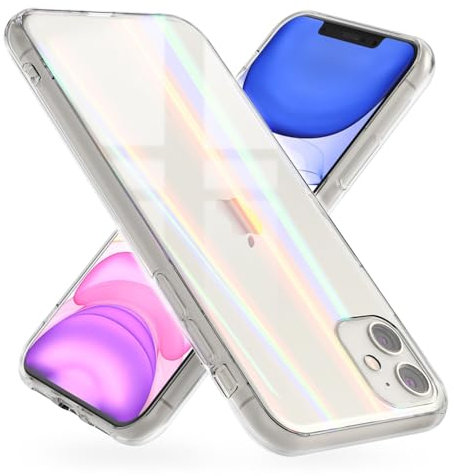 NALIA Tempered Glass Cover compatible with iPhone 11 Case, Protective Iridescent Holographic Hard Mobile Phone Back Protector with Silicone Bumper, Transparent Shockproof & Scratch-Resistent