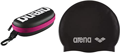 arena Unisex Schwimmbrillen Etui zur Aufbewahrung der Schwimmbrille (Hartschale, Karabiner), Black-White-Fuchsia (509), One Size & Unisex Badekappe Classic Silikon, Black-Silver (55), One Size