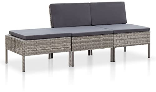 vidaXL Gartenmöbel 3-TLG. mit Auflagen Sitzgruppe Garten Garnitur Lounge Sofa Sitzgarnitur Gartenset Gartensofa Mittelsofa Fußhocker Poly Rattan Grau