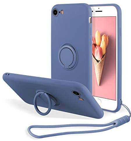 UEEBAI Case for iPhone 7/8/SE 2022 5G/SE 2020, Ultra Slim TPU Shockproof Silicone Case Ring Holder Kickstand Magnetic Car Mount Cover Wrist Strap for iPhone SE3/SE2 - Blue Grey