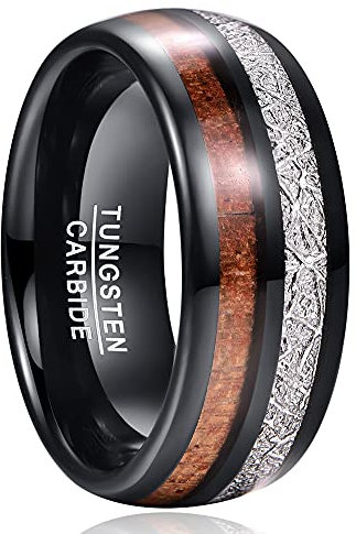 Cloyo Wolfram Ring Herren Koa Holz Ehering Schwarz Verlobungsringe Partnerringe mit Imitation Meteorite Paar Ringe für Männer Frauen 8mm Größe 62 (19.7)