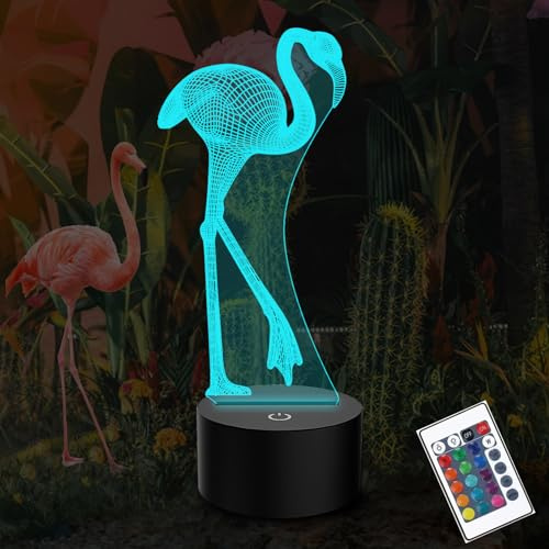 PONLCY 3D Illusion Lampe Flamingo Led Nachtlicht, 16 Farben Fernbedienung USB Schreibtischlampen, Schlafzimmer Dekoration Tischlampe für Kinder Weihnachten Geburtstag Geschenke