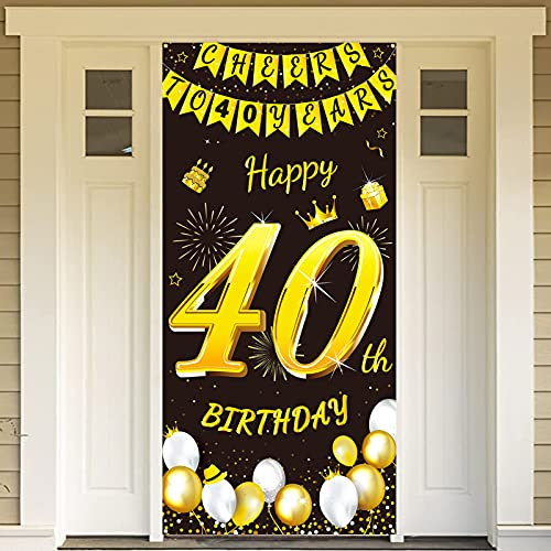 DPKOW Schwarz Gold 40. Geburtstag Dekoration für Mann Frau, Schwarz Gold 40. Geburtstag Banner für Hintergrund Tür Deko, 40. Geburtstag Tür Banner für Garten Tisch Wand Deko, 185 x 90cm Stoff