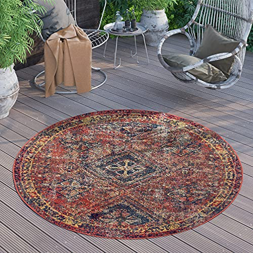 Paco Home Outdoor Teppich Rund Wetterfest Balkon Terrasse Küchenteppich Modern Orientalisch, Grösse:200 cm Rund, Farbe:Rot 2
