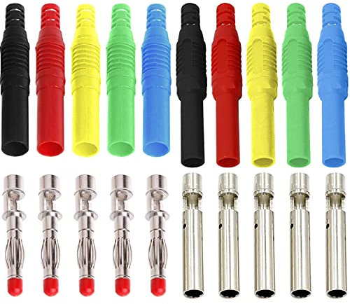 Xiatiaosann 10Pcs 4mm Banana Insulated Shrouded, 5Colors 4mm Banana Safety Solder DIY Connector Adapter Male Female for Multimeter Test Leads Electrical Testing