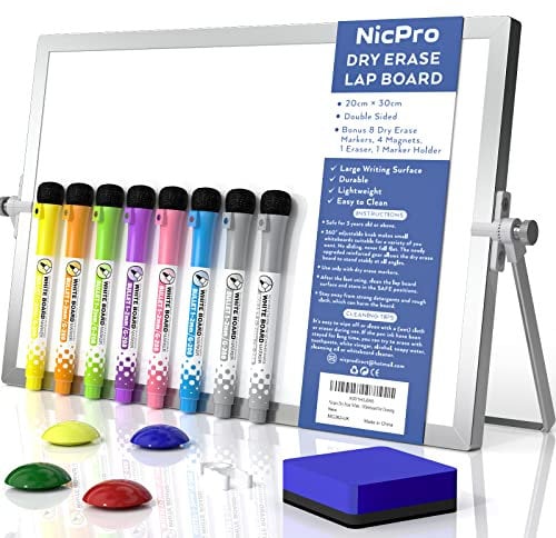 Nicpro Trockenlöschung Mini Whiteboard A4, Doppelseitiges Magnetische Desktop Schreibtafel mit Ständer, Stiften, Tragbare Staffelei Whiteboard für Kinder, Studenten, Schulbedarf, Büro (20 x 30 cm)
