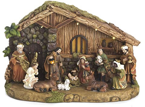 Gruppe Weihnachtskrippe komplett mit Hütte aus Kunstharz, mit Licht und Musik, 23 x 37,5 x 18 cm