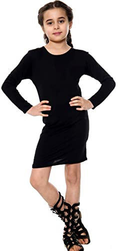 janisramone® Girls Bodycon Mini Dress, Plain Round Neck Long Sleeve Knee Length Dresses UK, Kids Casual Soft Stretchy Tunic Mini Top, Stylish Party Dress Black