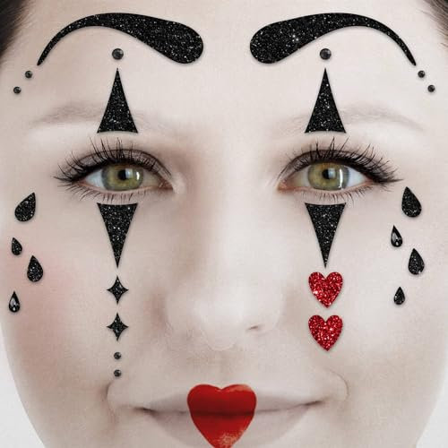 Party Factory Face Tattoo Harlekin, temporäres Glitter Gesichtstattoo für Motto Party, Halloween & Karneval, Kinder & Erwachsene