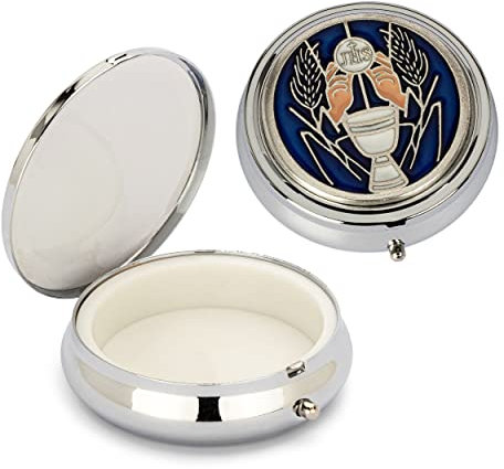NKlaus Rosenkranz Étui métallique motif calice boîte hostie argent bleu intérieur 4cm 2531