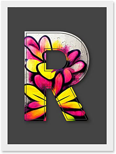 Wee Blue Coo Letter R Yellow Pink Flower Decorative Graffiti Mural Alphabet Initial Stencil Artwork Framed Wall Art Print A4