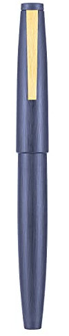 Jinhao 80 dunkelblaue Faser gebürstete Füllfederhalter, feine Feder mit Konverter und kleiner Stifttasche Set (Goldener Clip)