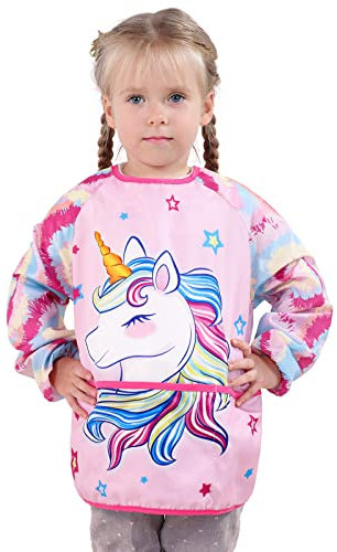 WERNNSAI Unicorn Art Smock - Kids Aprons for Girls ages 3-8 Waterproof Toddler Art Smock Painting Toddler Apron for Girls with Long Sleeve and 3 Pockets