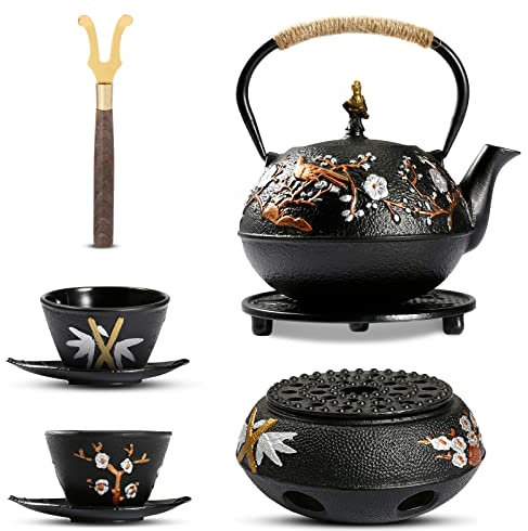 Dyna-Living Gusseisen-Teekanne mit Stövchen, 720 ml, japanische Teekanne mit Teesieb, Gusseisen, Teekannen-Set mit 2 Teetassen, japanischer Stil, Teekanne für Herd, Teekessel für den Heimgebrauch