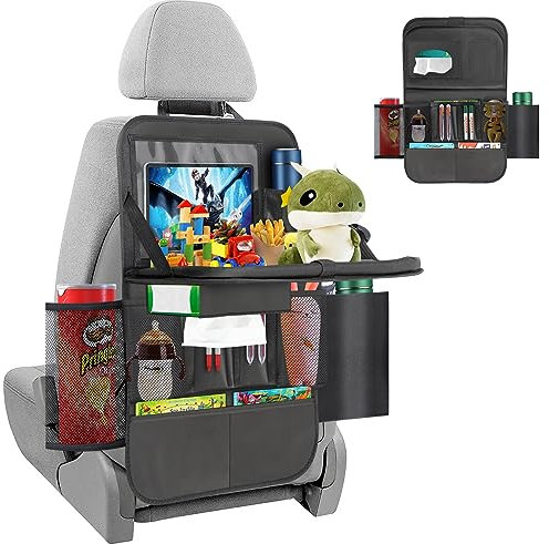 ERWEY Auto Organizer Kinder Rückenlehnenschutz mit Faltbar Tisch, Rücksitz Organizer mit 12 Zoll Pad Touchscreen Tablet Halterung, Wasserdicht Auto Aufbewahrungstasche mit 13 Sack