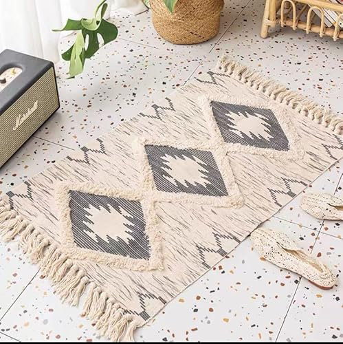 JaeMoose Boho-Läufer, Boho-Küchenteppich, Badezimmer, Bauernhaus-Läufer, getuftete marokkanische Baumwolle, geometrischer Waschbecken-Läufer mit Quasten, waschbar (Grau, 60 x 130 cm)