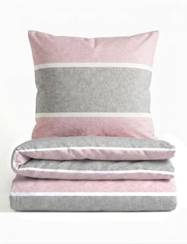 biberna Premium Melange-Flanell Bettwäsche 135x200 cm rosa | Biber 2-teilig mit Kissenbezug 80x80 cm | 100% Baumwolle | wärmend & weich | Reißverschluss | Winterbettwäsche | Streifen | Modell 0840506