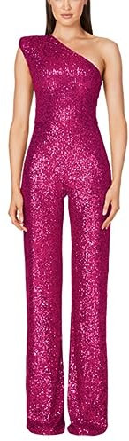 shownicer Jumpsuit Damen Pailletten Jumpsuit Eine Schulter Elegant Overall Sommer Ärmellos Einteiler Lang Overall Hosenanzug Hohe Taille Romper A Rose Rot M