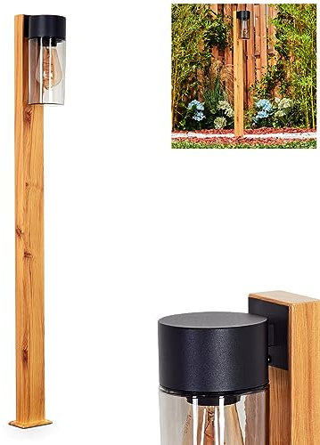 HOFSTEIN Außenwegeleuchte Tabary, moderne Sockelleuchte aus Holz/Metall/Glas in Natur/Schwarz/Rauchfarben, Wegeleuchte 100 cm, Gartenlampe, Gartenbeleuchtung IP44, 1 x E27, ohne Leuchtmittel
