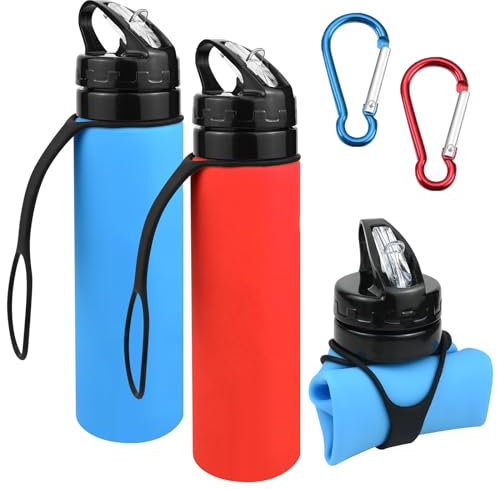 CECOMBINE Faltbare Trinkflasche, 2 Stück 600ml Wiederverwendbare Auslaufsichere Wasserflaschen mit 2 Karabiner, BPA-frei Sports Drinking Bottles für Wandern, Outdoor Aktivitäten, Reisen, Radfahren