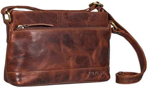 ROYALZ Echtleder Vintage Handtasche Damen Umhängetasche 'Minnesota' Moderne Schultertasche Leder klein Lederhandtasche Elegant Clutch Tasche, Farbe:Roma Cognac Braun