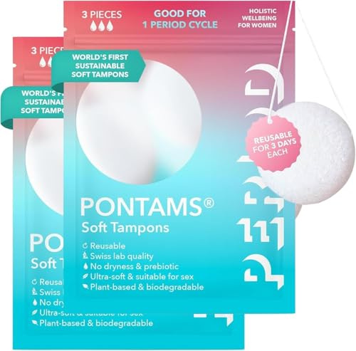 PERIOD PONTAMS Soft-Tampons für Frauen – 3 Tage wiederverwendbare und kompostierbare Tampons – Unterstützung des probiotischen Gleichgewichts – Ultraweich, auf pflanzlicher Basis, 6 Stück