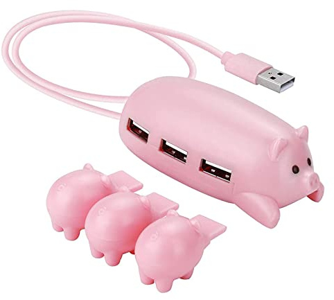 HOOLRZI Cute USB 2.0 Hub Pink Mom Pig USB Hub With 3 Decoration Lids Great Gifts For Pig Lovers Cute Pig Stuff Pig Decor Usb 2.0 Hub For Pc 3 Port For Laptop