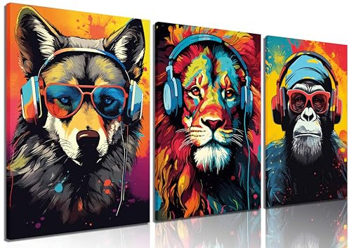 3pcs Gaming Wall Art Animal Graffiti Posters Pictures With Headphones Sunglasses Gorilla Tiger Wolf Cool Gamer Canvas Prints Colorful Graffiti Paintings for Teens Game Boys Room Wall Decor Framed