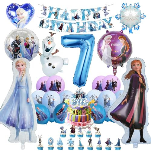 Oirigaga 46pcs Geburtstagsdeko Luftballons Set für 7 Jahre Mädchen, Eiskönigin Party Deko Ballons, Kinder Geburtstag Helium Balloons Eisa Anla Folienballons mit Happy Birthday Banner und Tortendeko
